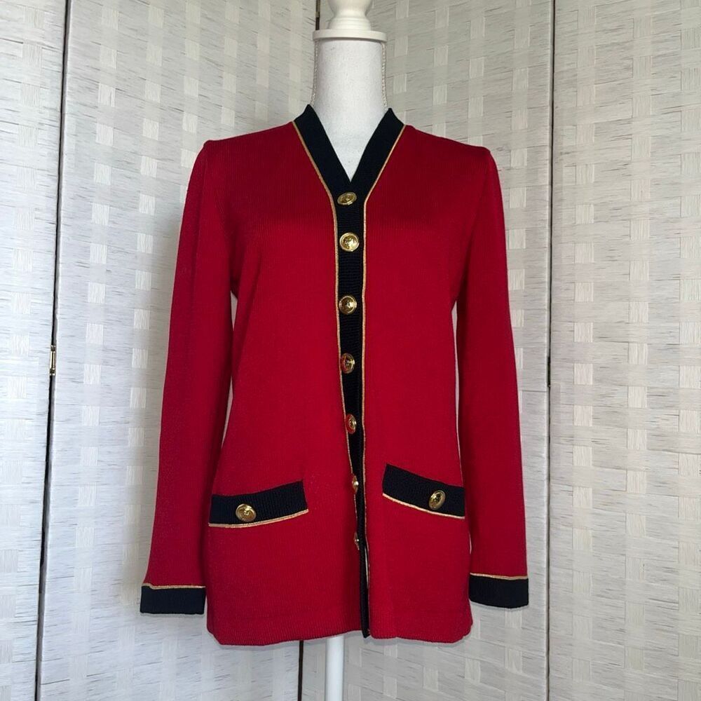 St. John Vintage Red Knit Cardigan Sweater Santana Wool Knit Military Zip Jacket